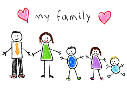 A child's crayon drawing labelled “my family”, showing a dad, a mom and three kids holding hands between two pink hearts